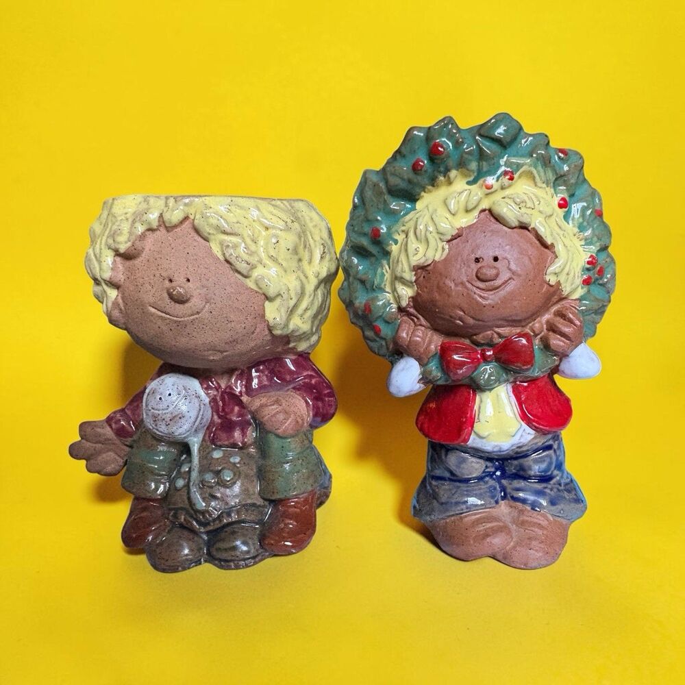 Colonial Candle Candle Holders Terra Cotta Boy And Girl Made In Japan 4 Inch Set